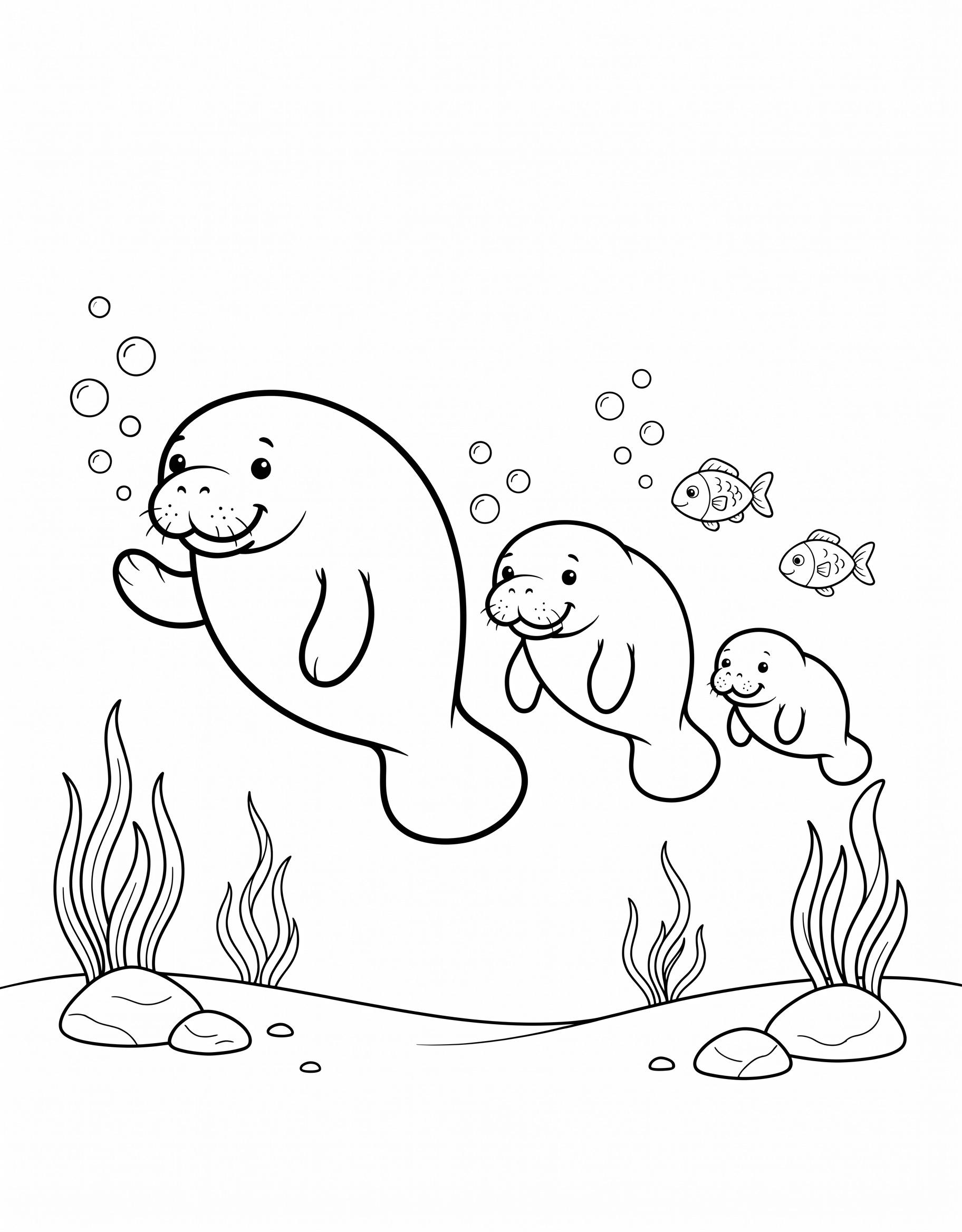 Mama manatee with two calves coloring page