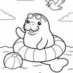 Manatee with swim goggles on a pool float coloring page