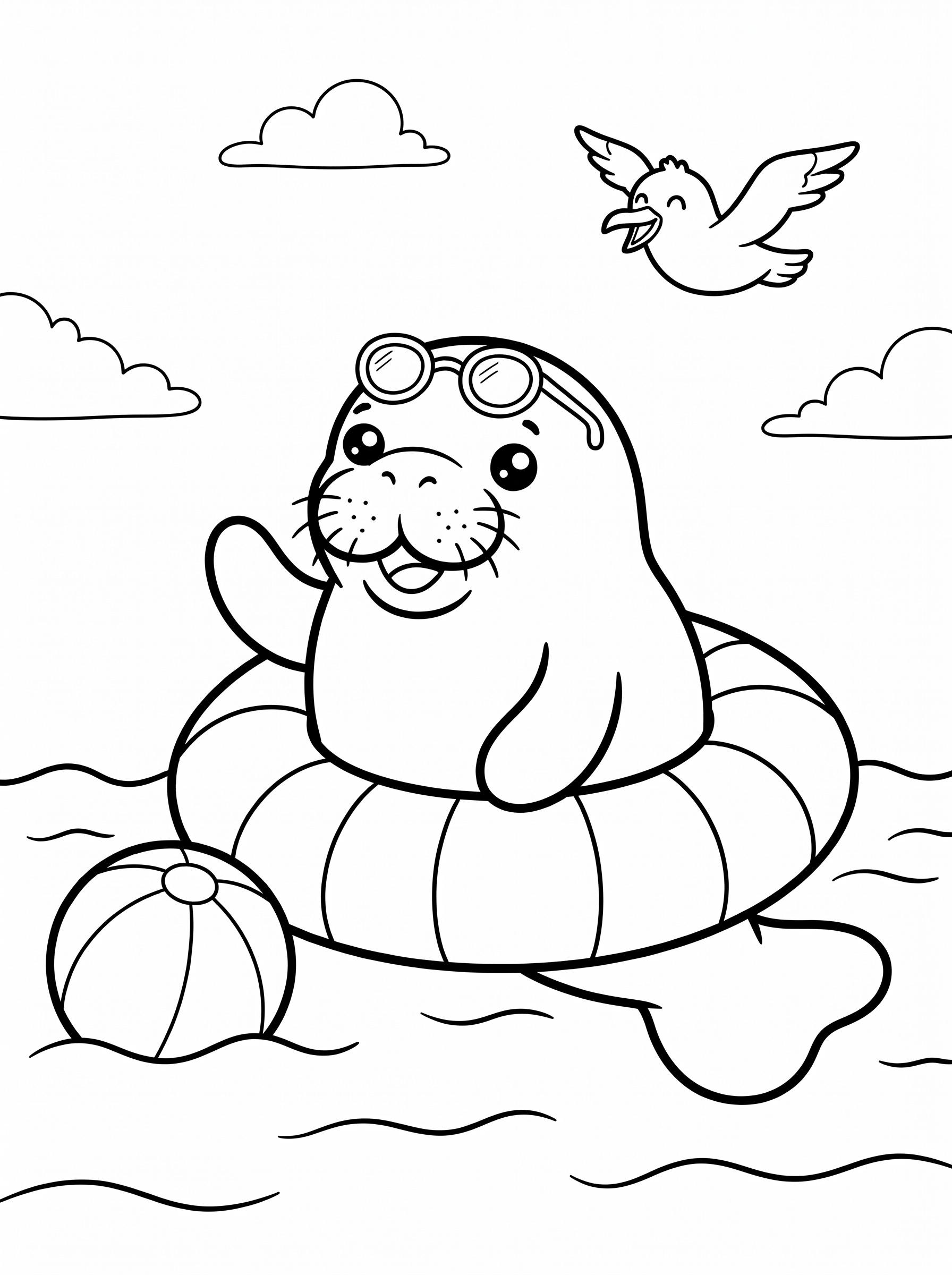Manatee with swim goggles on a pool float coloring page