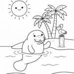 Manatee at the beach with palm trees coloring page