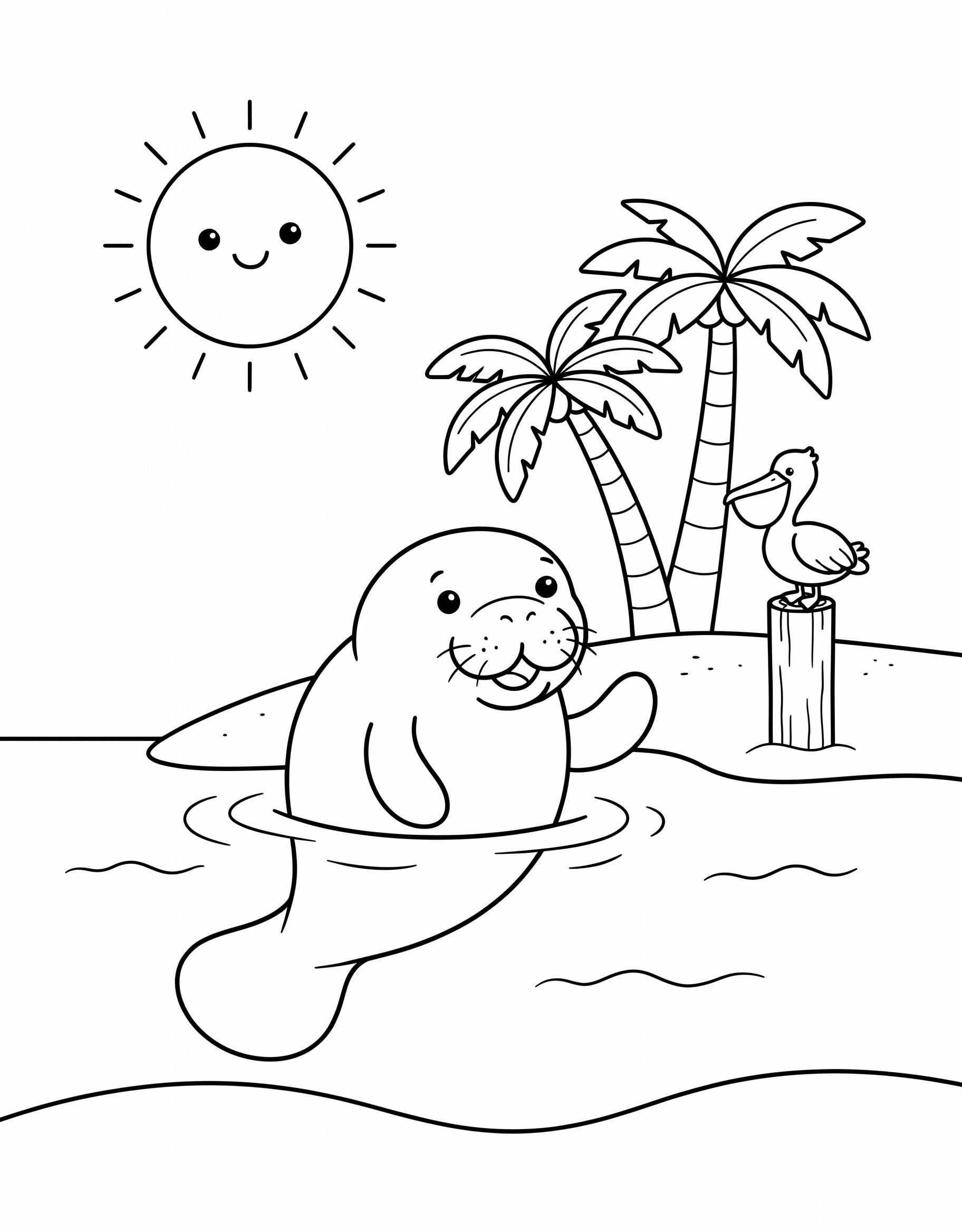 Manatee at the beach with palm trees coloring page