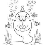 Manatee birthday party with cupcake coloring page