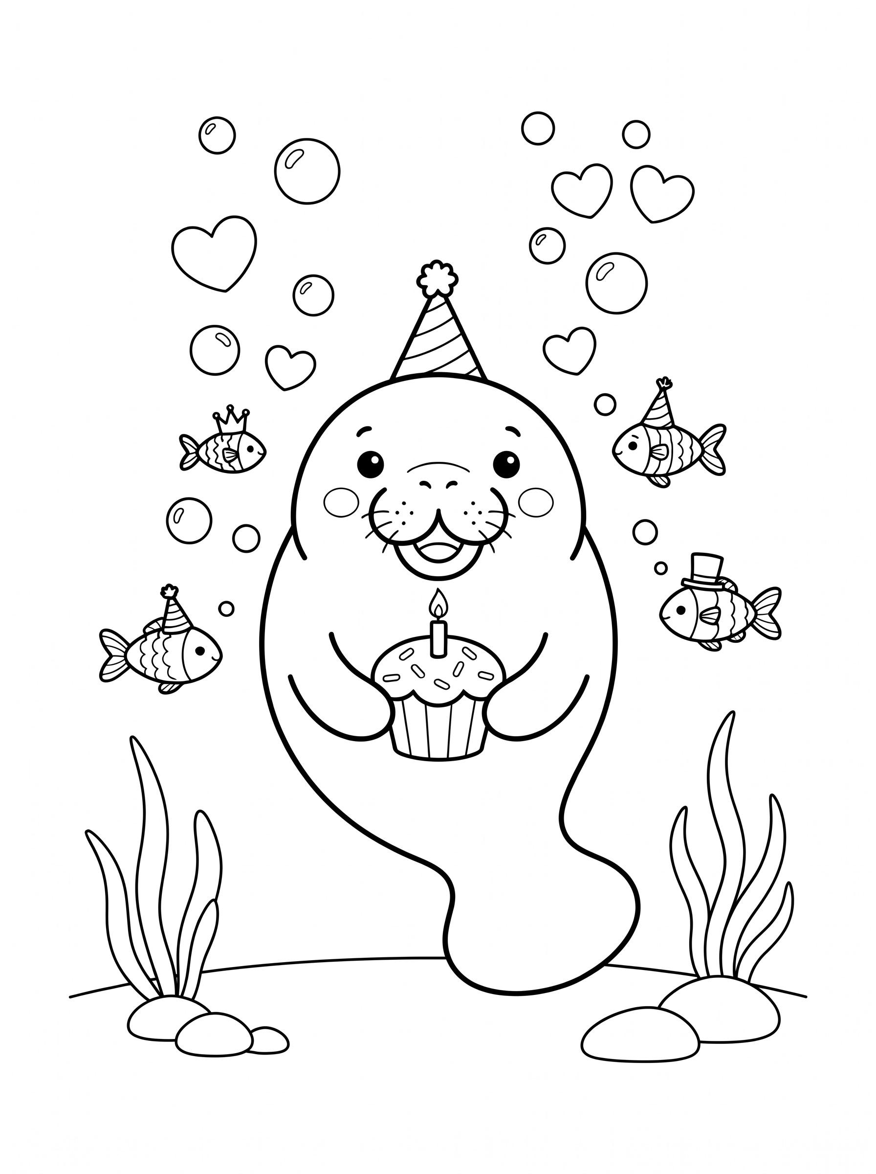 Manatee birthday party with cupcake coloring page