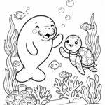Manatee and sea turtle friends coloring page
