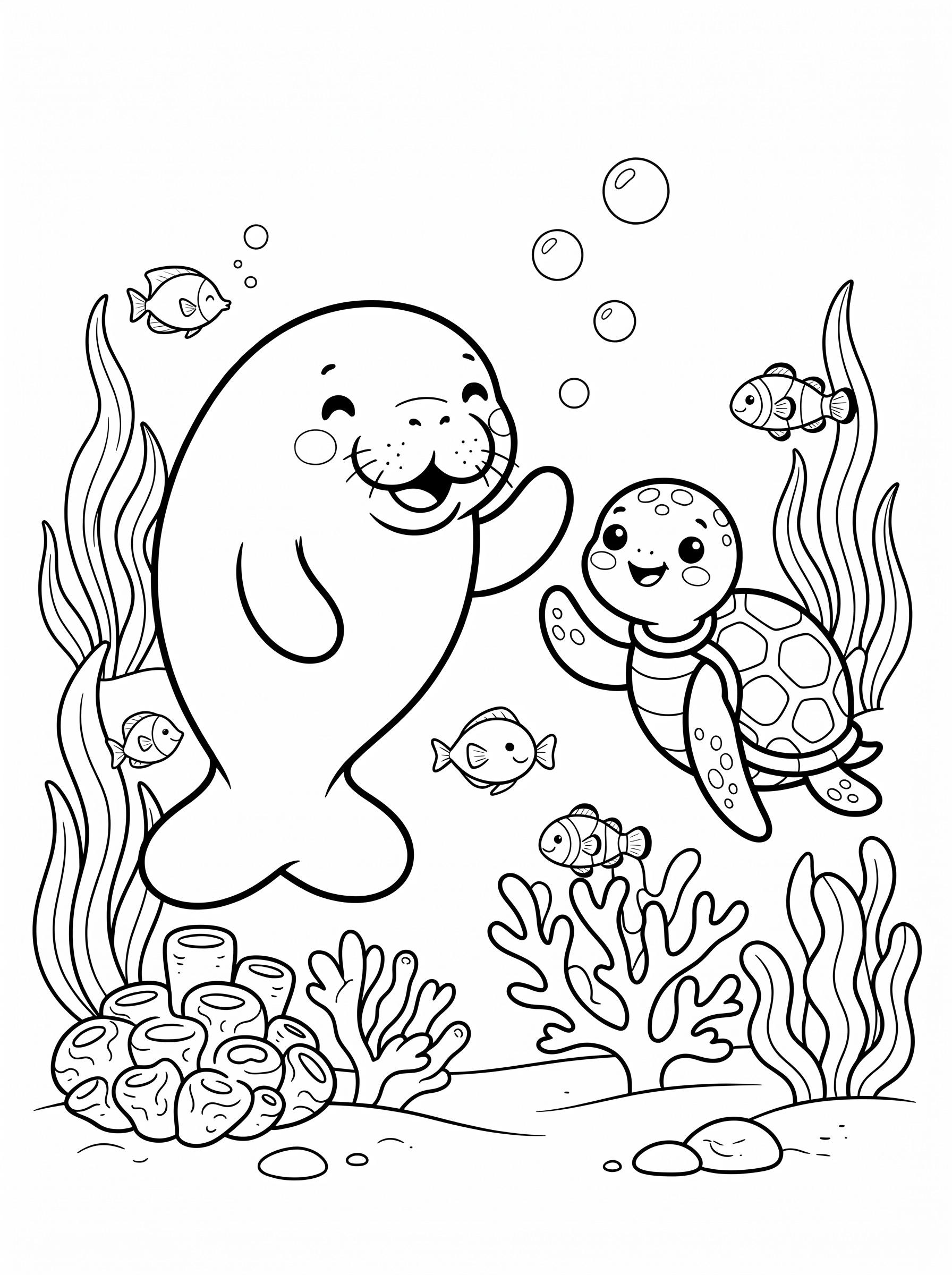 Manatee and sea turtle friends coloring page