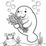 Manatee eating seagrass with crab coloring page