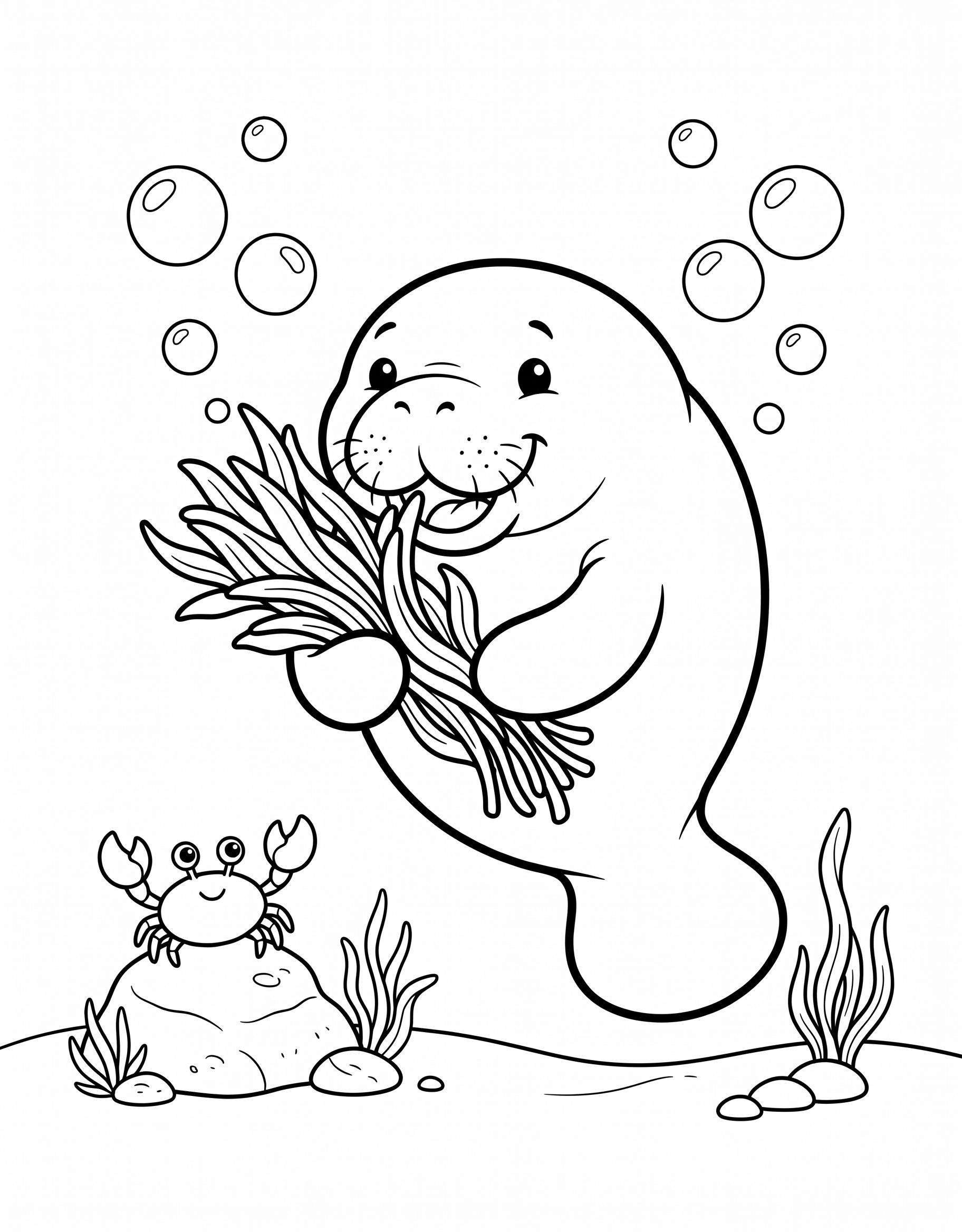Manatee eating seagrass with crab coloring page