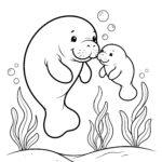 Mama manatee and baby nuzzling coloring page
