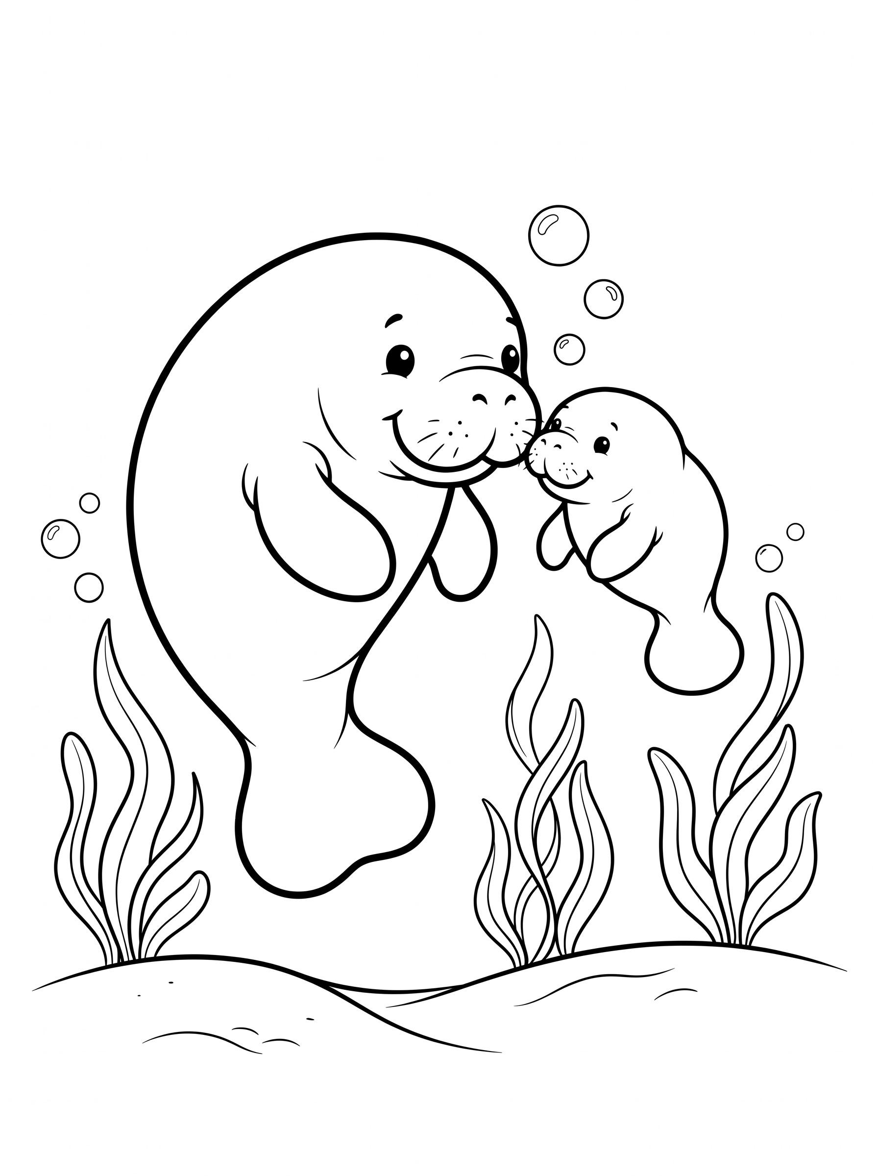 Mama manatee and baby nuzzling coloring page