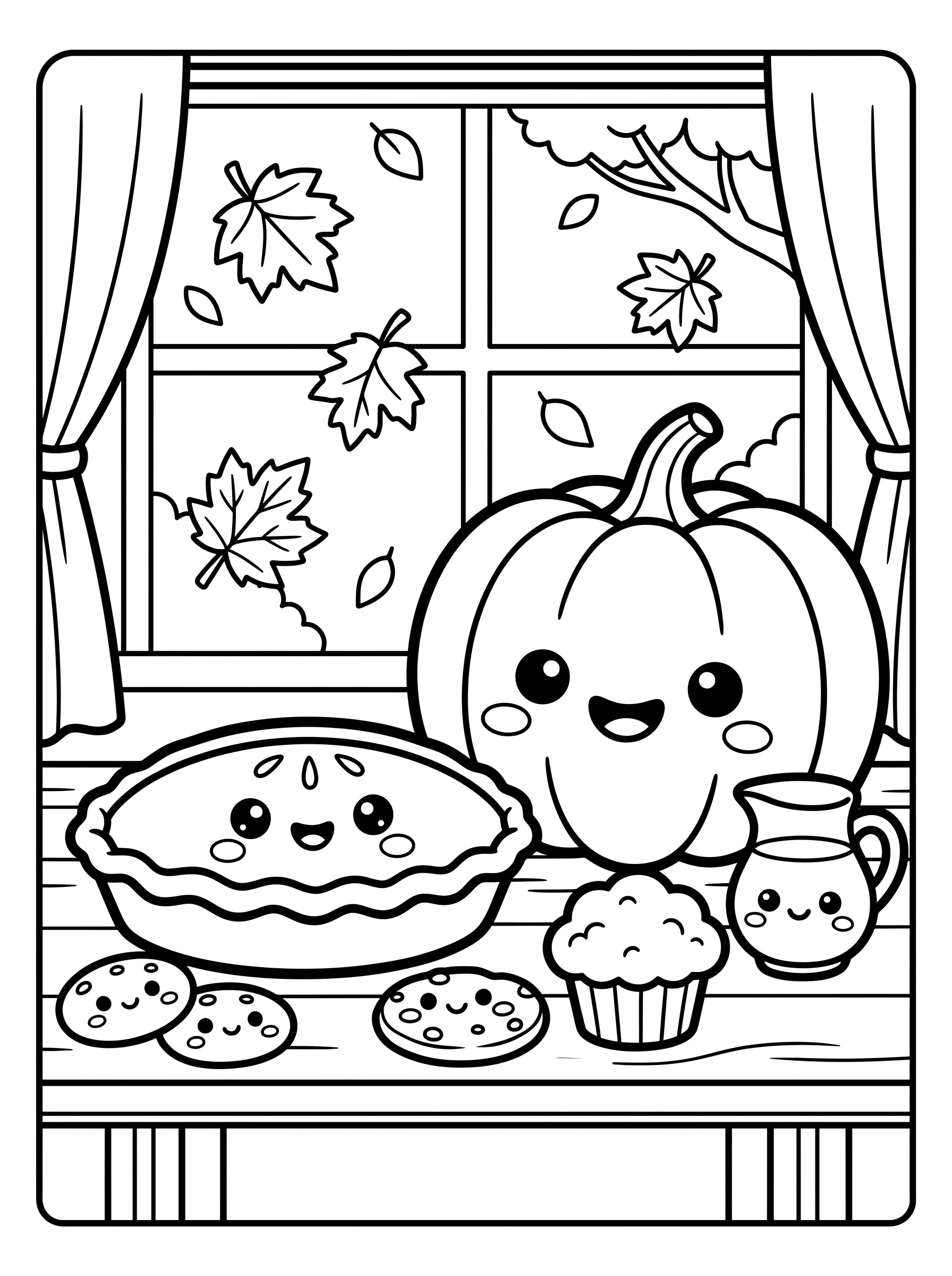 Pumpkin pie baking scene coloring page