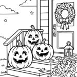 Jack-o-lanterns on a fall porch coloring page
