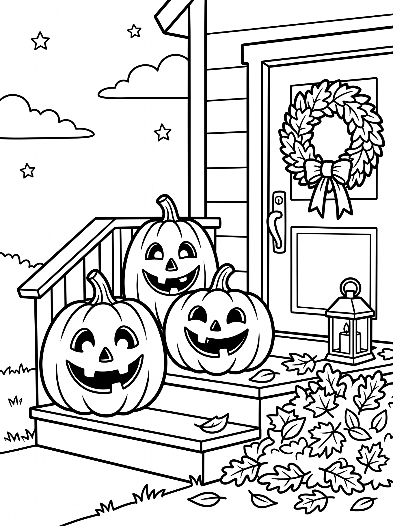 Jack-o-lanterns on a fall porch coloring page