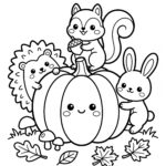 Woodland animals with a pumpkin coloring page