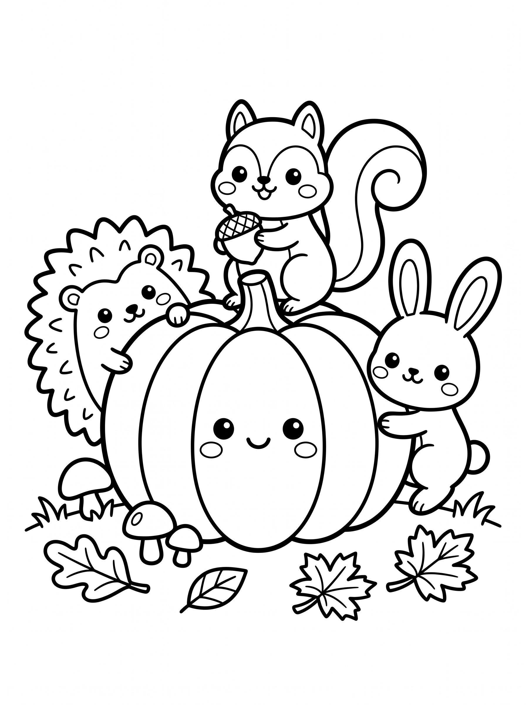 Woodland animals with a pumpkin coloring page