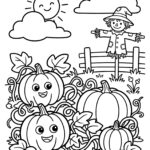 Scarecrow and pumpkin patch coloring page