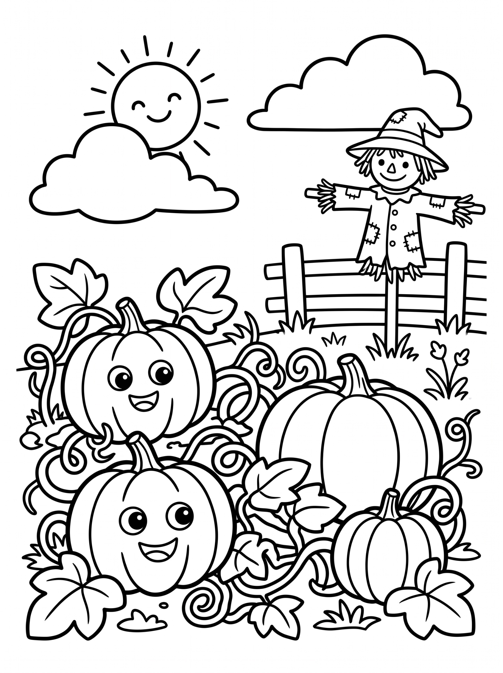 Scarecrow and pumpkin patch coloring page