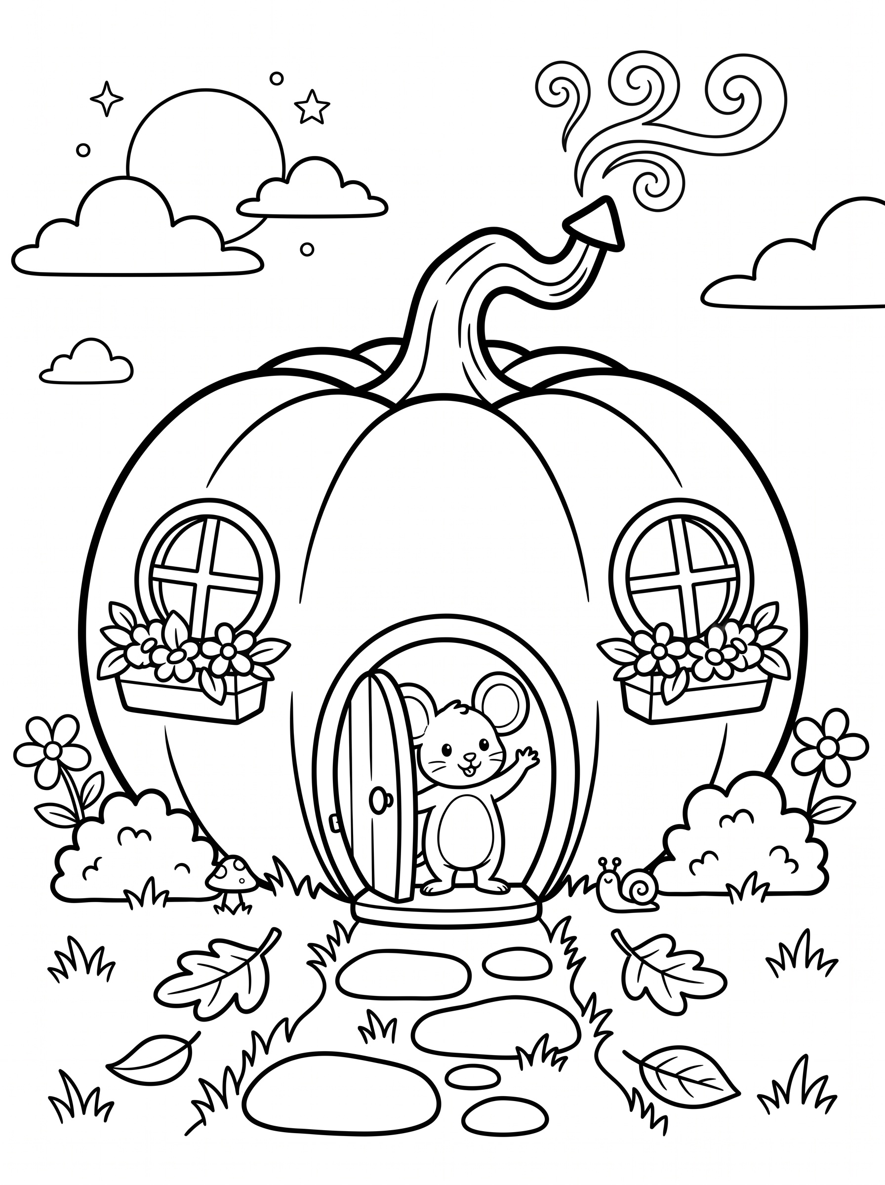 Pumpkin cottage fairy house coloring page