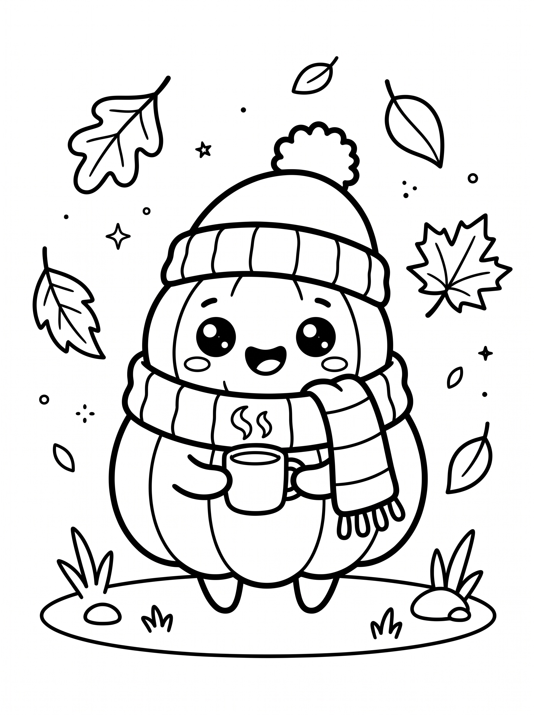 Cozy pumpkin with cocoa coloring page
