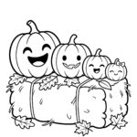 Pumpkin family on hay bales coloring page