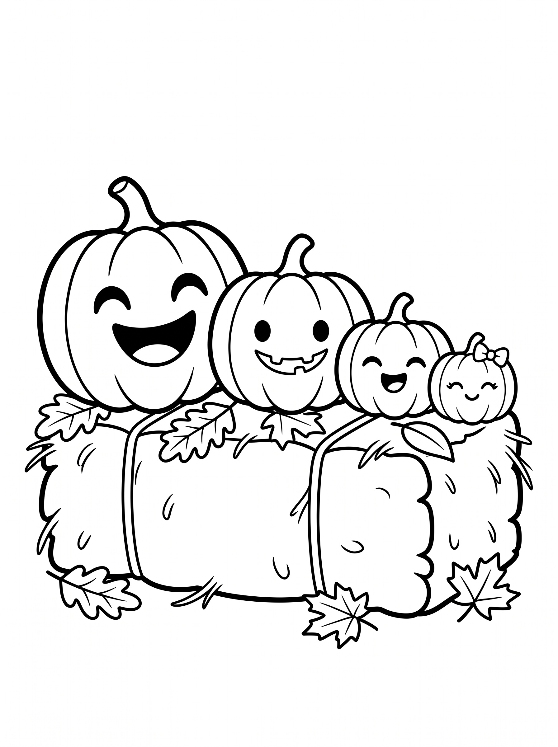 Pumpkin family on hay bales coloring page