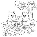 Quokkas having a picnic coloring page