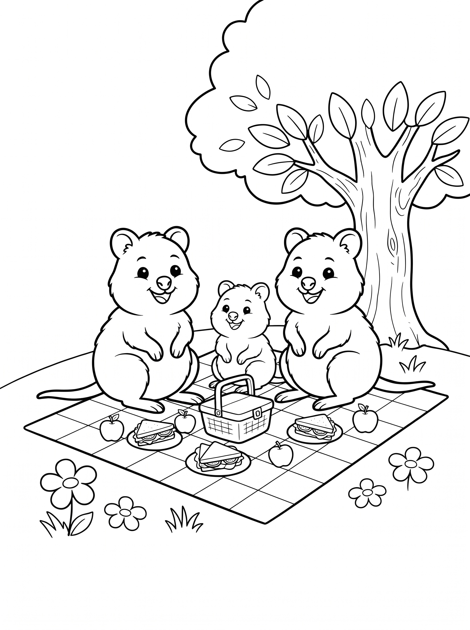 Quokkas having a picnic coloring page