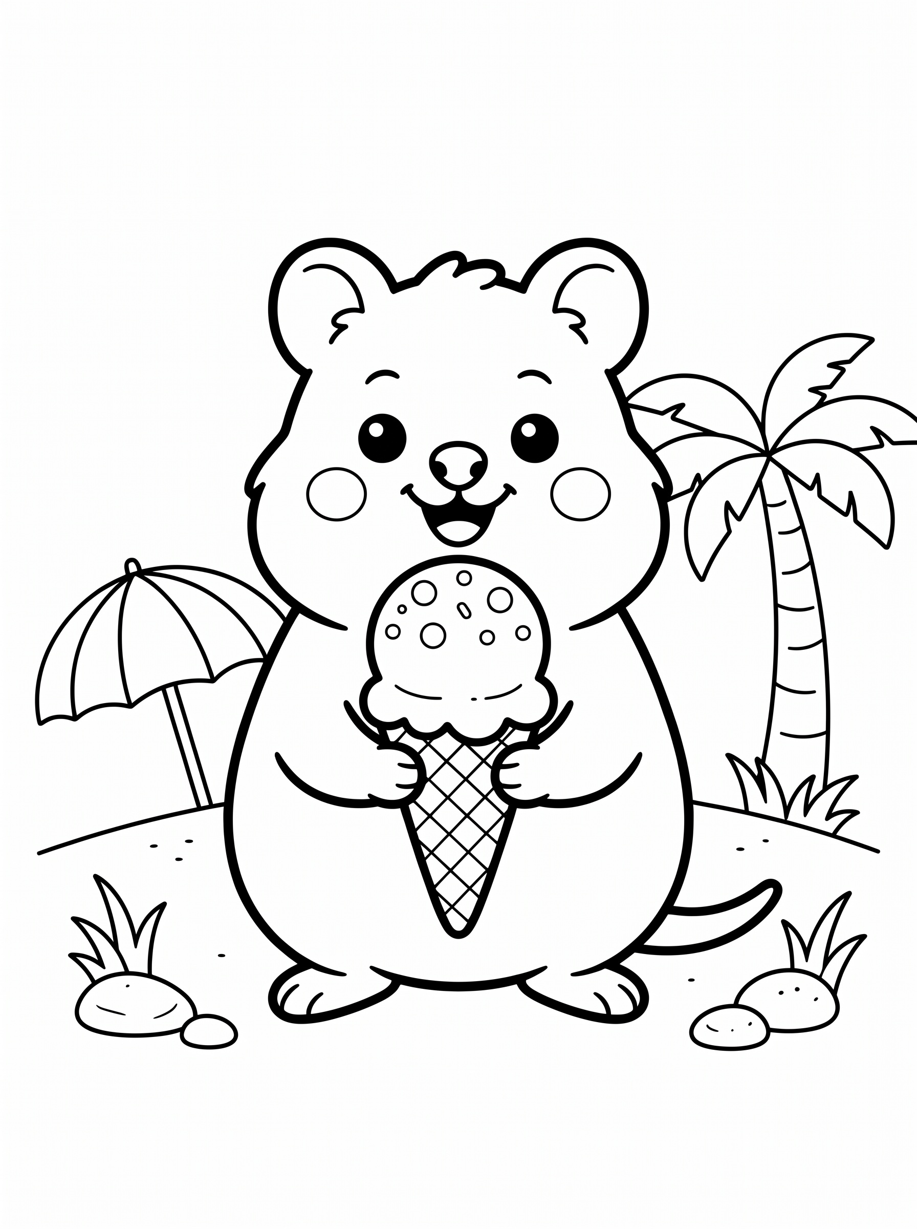 Quokka with ice cream at the beach coloring page