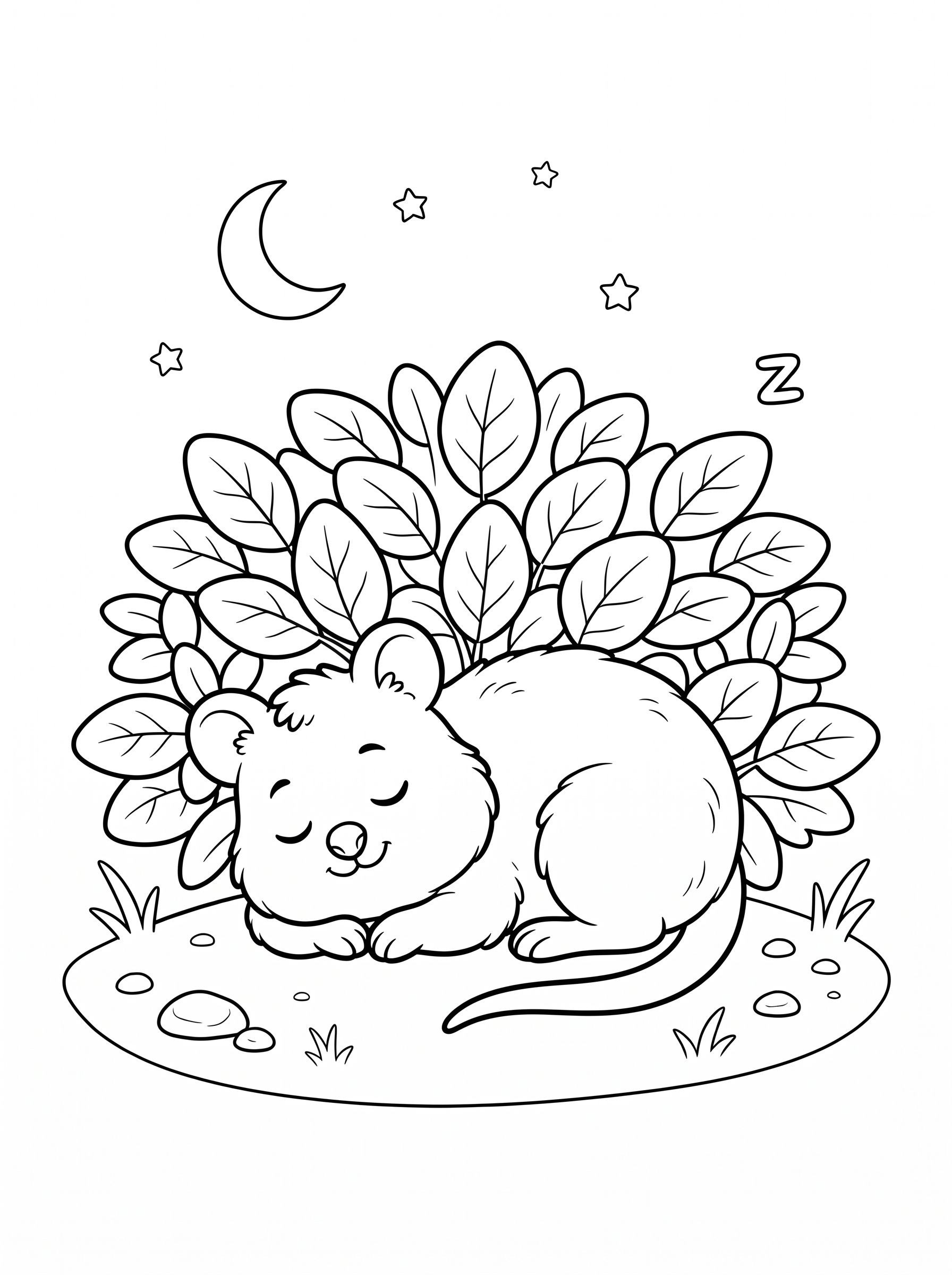 Sleeping quokka at night coloring page