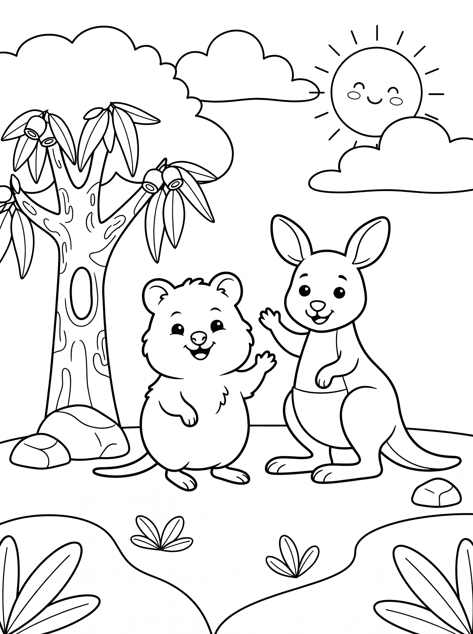 Quokka and kangaroo friends coloring page