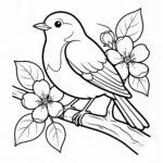 Coloring page of a small songbird sitting on a branch with blossoms and leaves