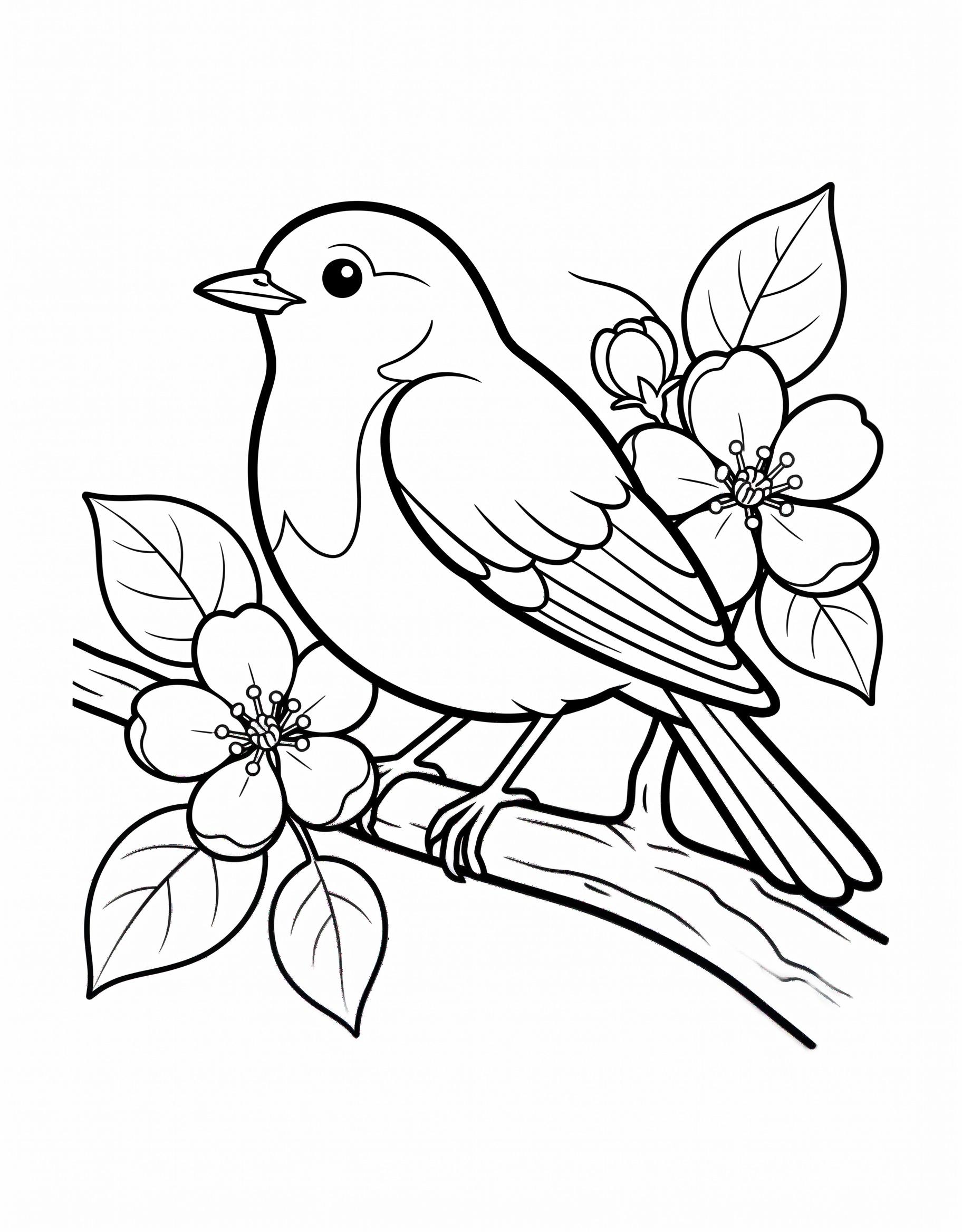 Coloring page of a small songbird sitting on a branch with blossoms and leaves