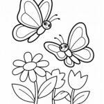 Easy coloring page of two cute butterflies flying over flowers, with bold lines and large spaces