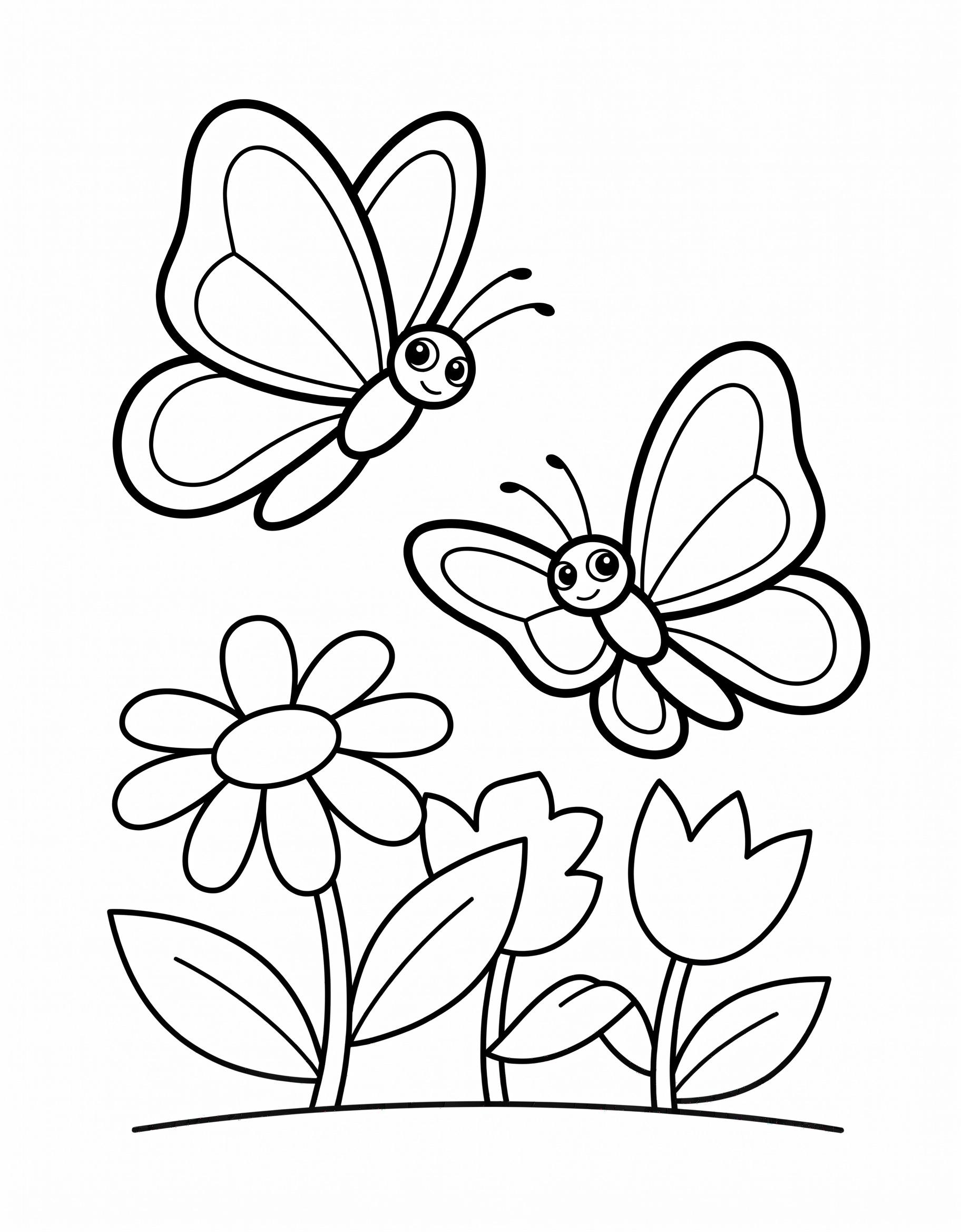Easy coloring page of two cute butterflies flying over flowers, with bold lines and large spaces