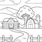 Coloring page of a farm with a farmhouse, barn, silo and big tree, with bold lines and large spaces