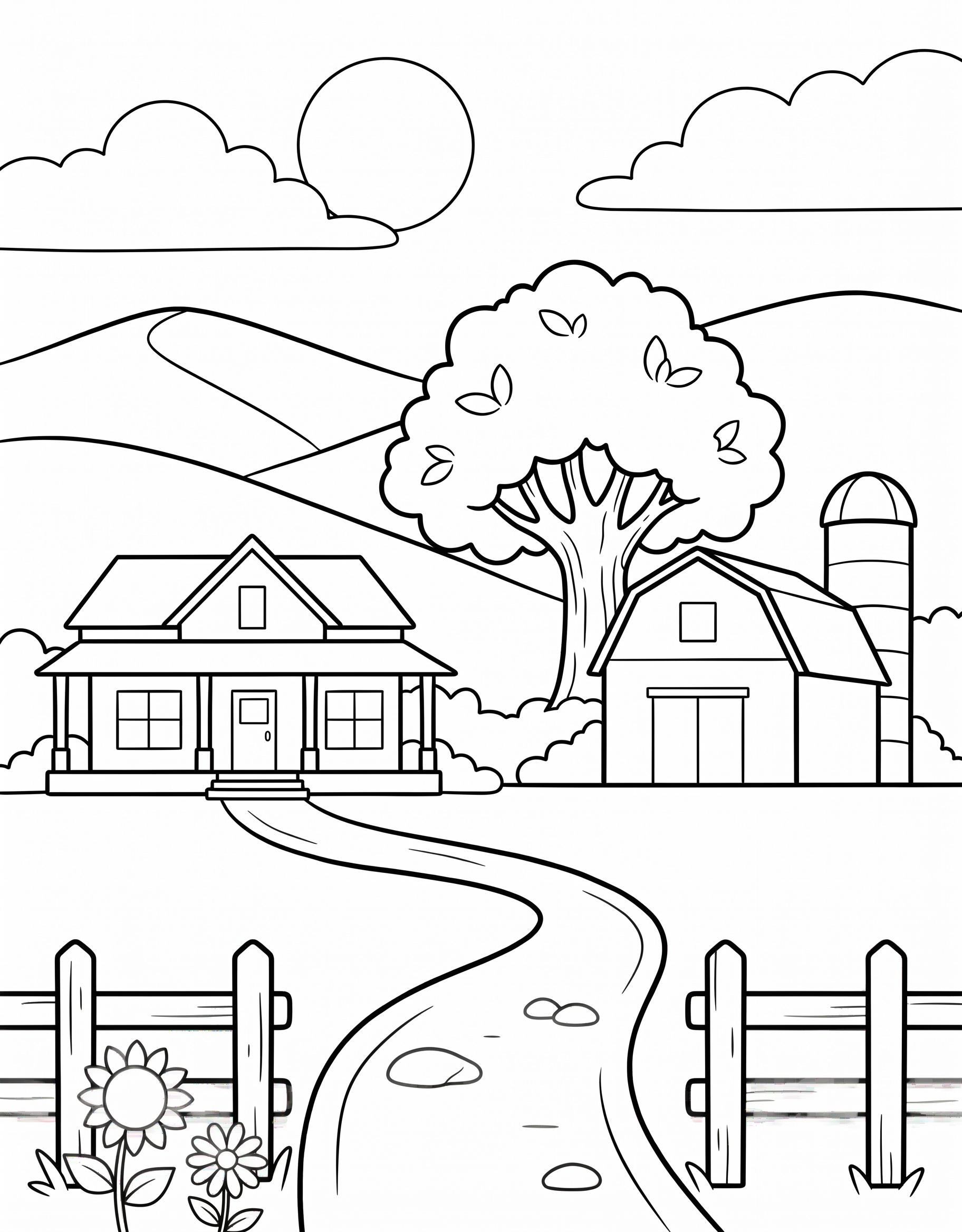 Coloring page of a farm with a farmhouse, barn, silo and big tree, with bold lines and large spaces