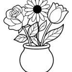 Easy coloring page of a vase with a rose, a daisy and a tulip, with bold lines and large spaces