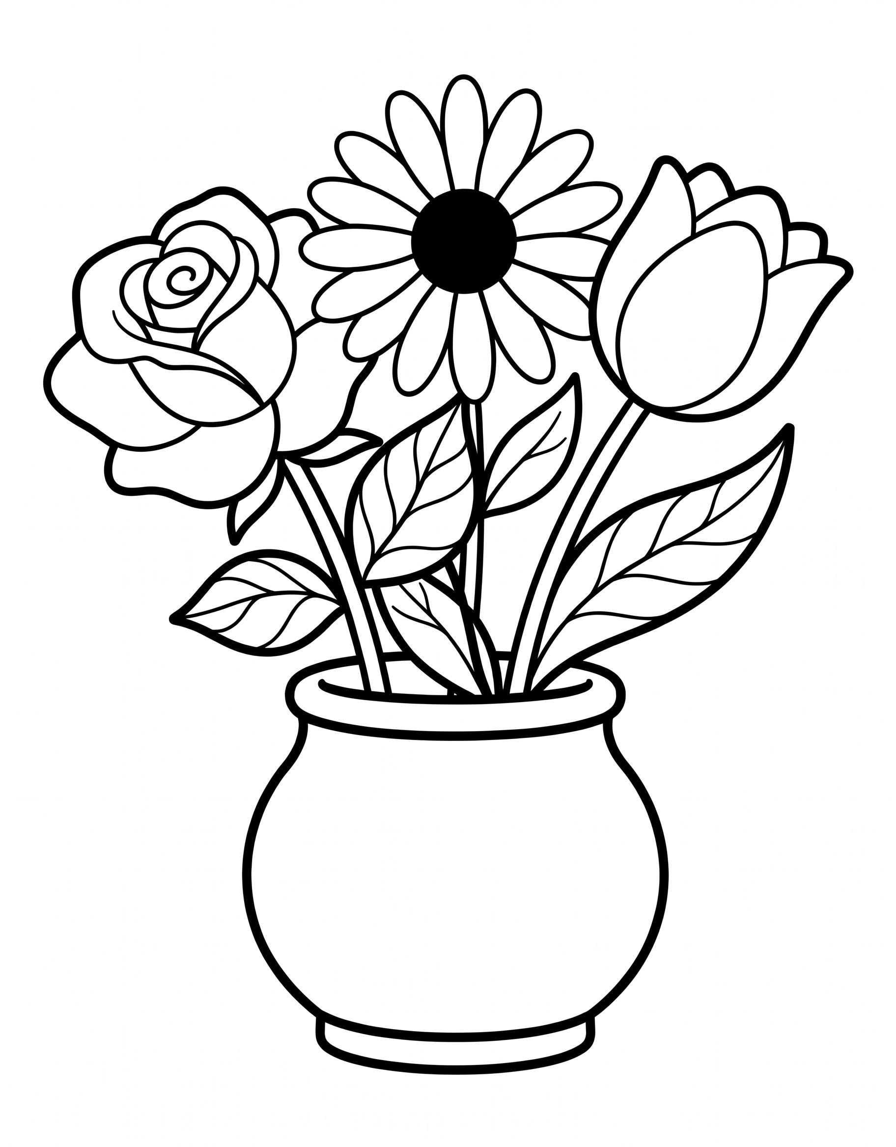Easy coloring page of a vase with a rose, a daisy and a tulip, with bold lines and large spaces