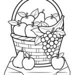 Easy coloring page of a woven basket full of fruit, apples, pears, grapes, a banana and an orange, with bold lines and large spaces
