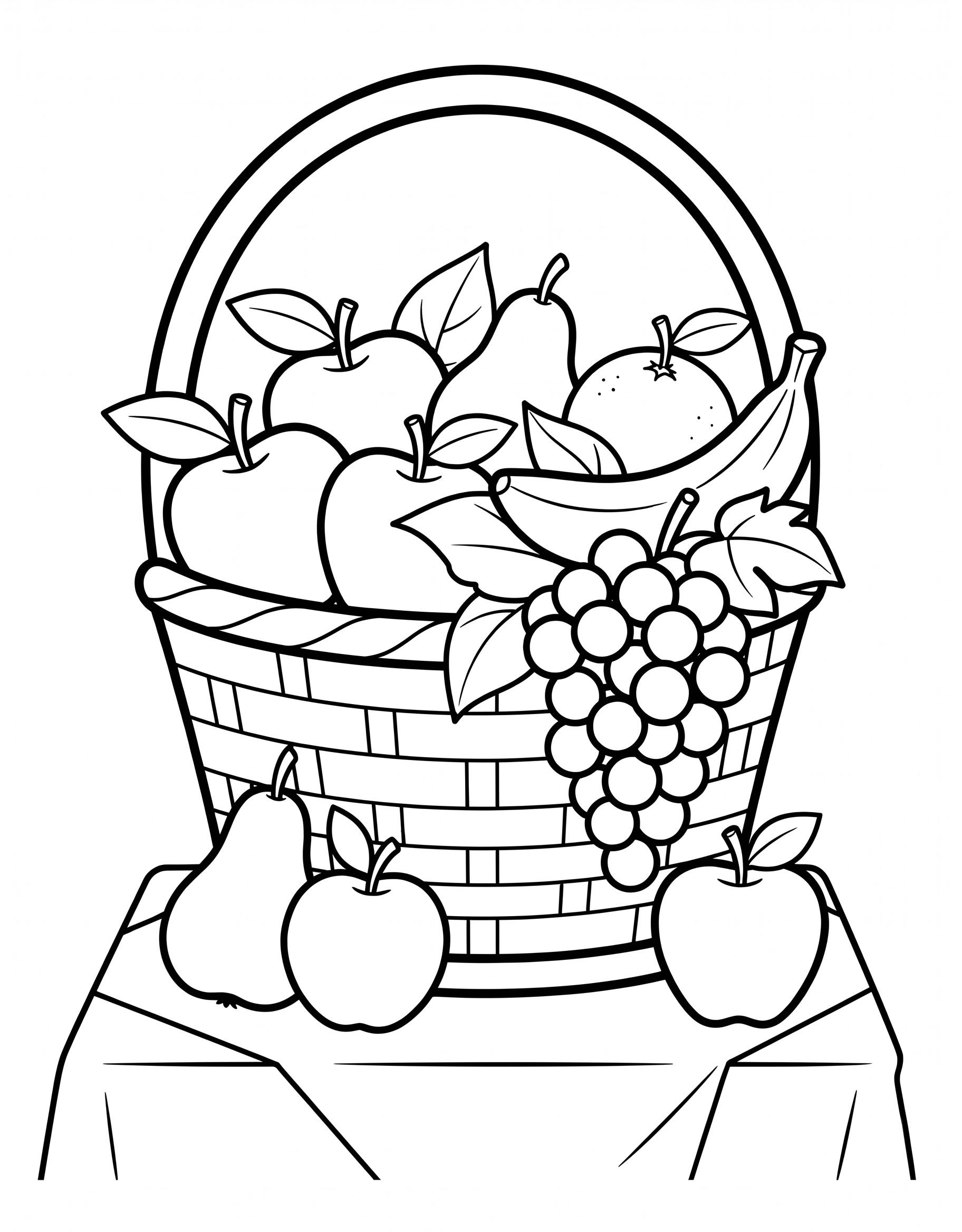 Easy coloring page of a woven basket full of fruit, apples, pears, grapes, a banana and an orange, with bold lines and large spaces