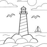 Easy coloring page of a striped lighthouse on rocks with a sailboat and seagulls, with bold lines and large spaces