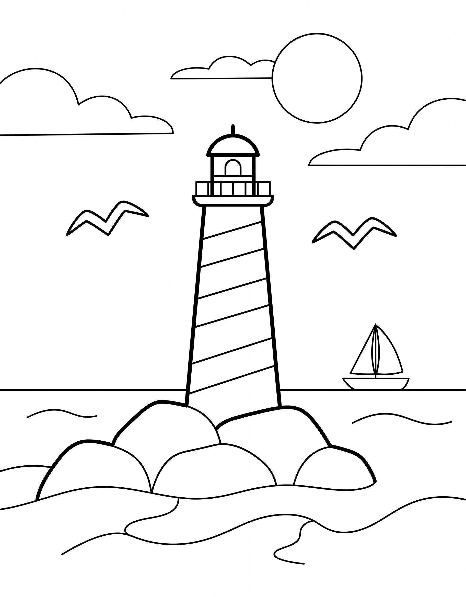 Easy coloring page of a striped lighthouse on rocks with a sailboat and seagulls, with bold lines and large spaces
