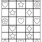 Coloring page of a patchwork quilt pattern with hearts, stars, flowers and diamonds in a grid