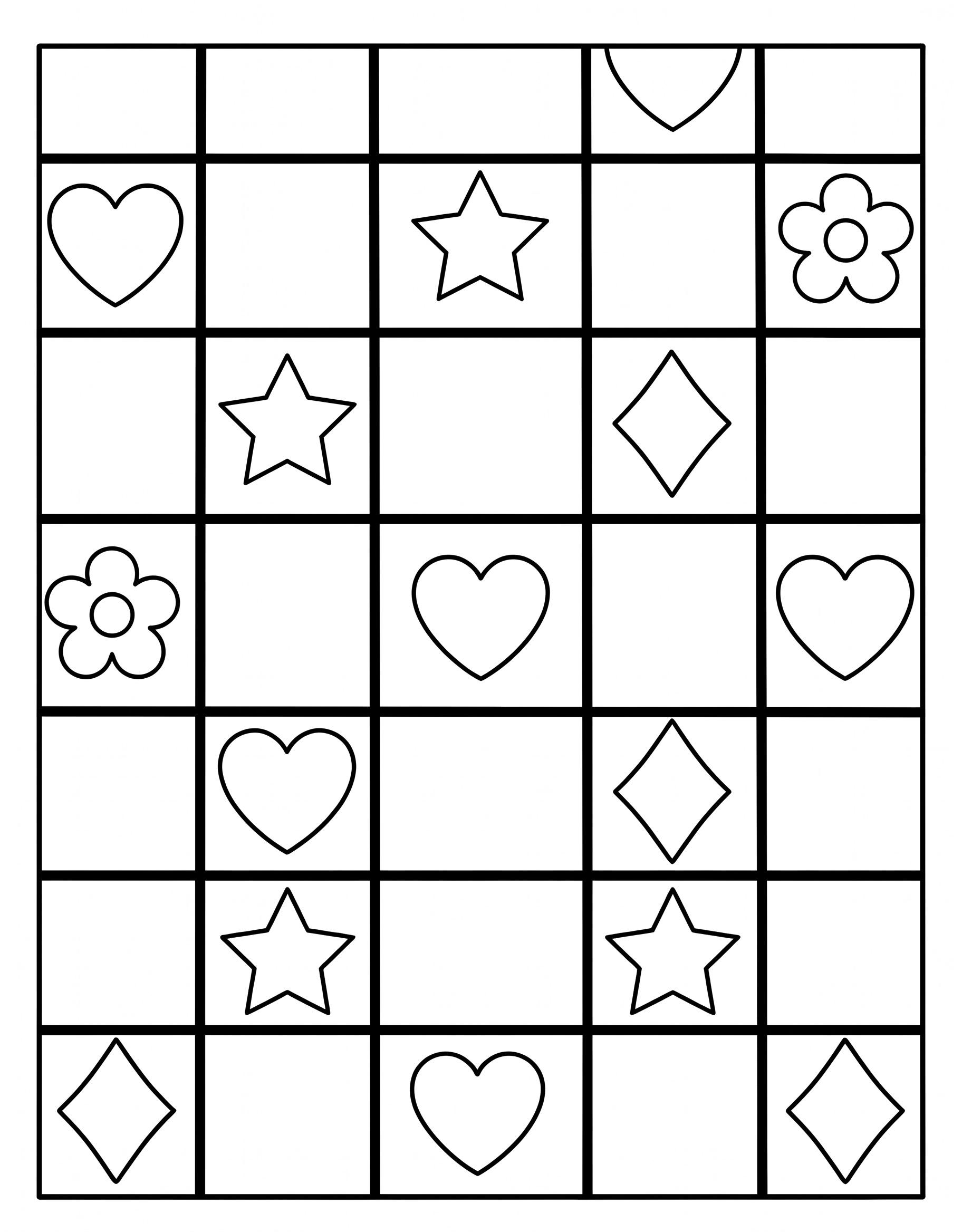 Coloring page of a patchwork quilt pattern with hearts, stars, flowers and diamonds in a grid