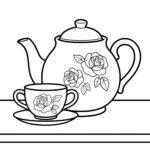 Coloring page of a teapot and teacup decorated with roses sitting on a table