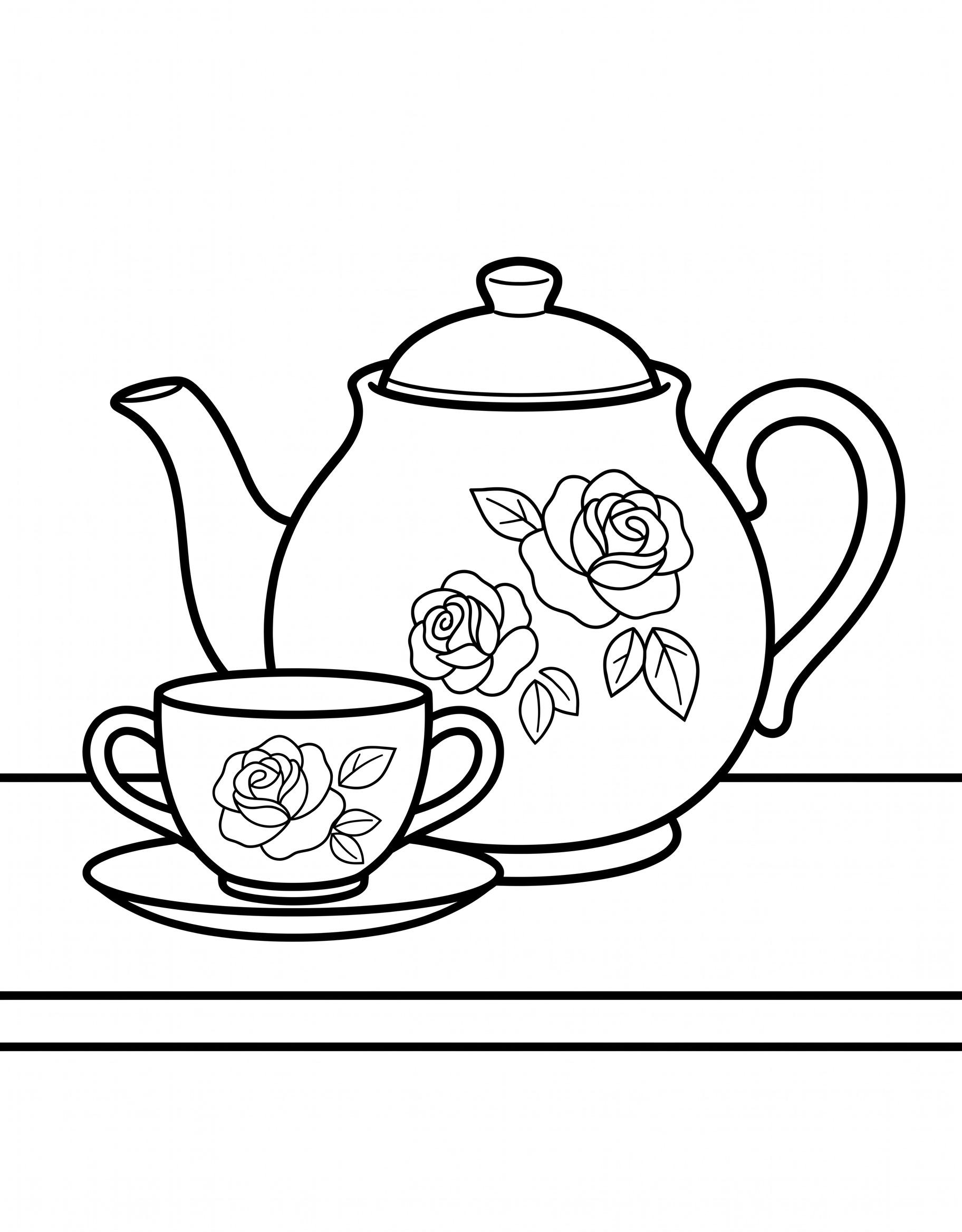 Coloring page of a teapot and teacup decorated with roses sitting on a table