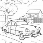 Coloring page of a vintage 1950s car on a country road by a house with a picket fence