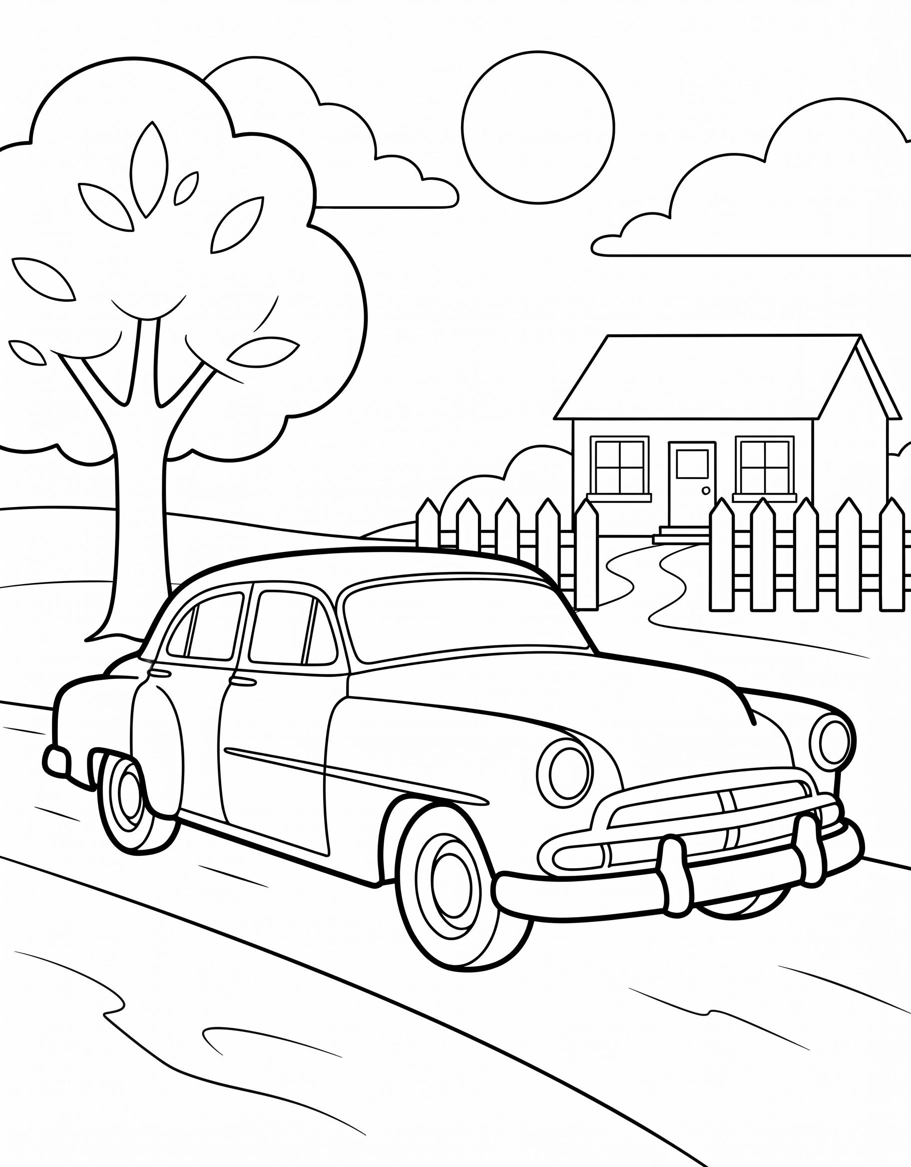 Coloring page of a vintage 1950s car on a country road by a house with a picket fence