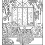 Cozy rainy day window seat with sleeping cat and tea coloring page for adults