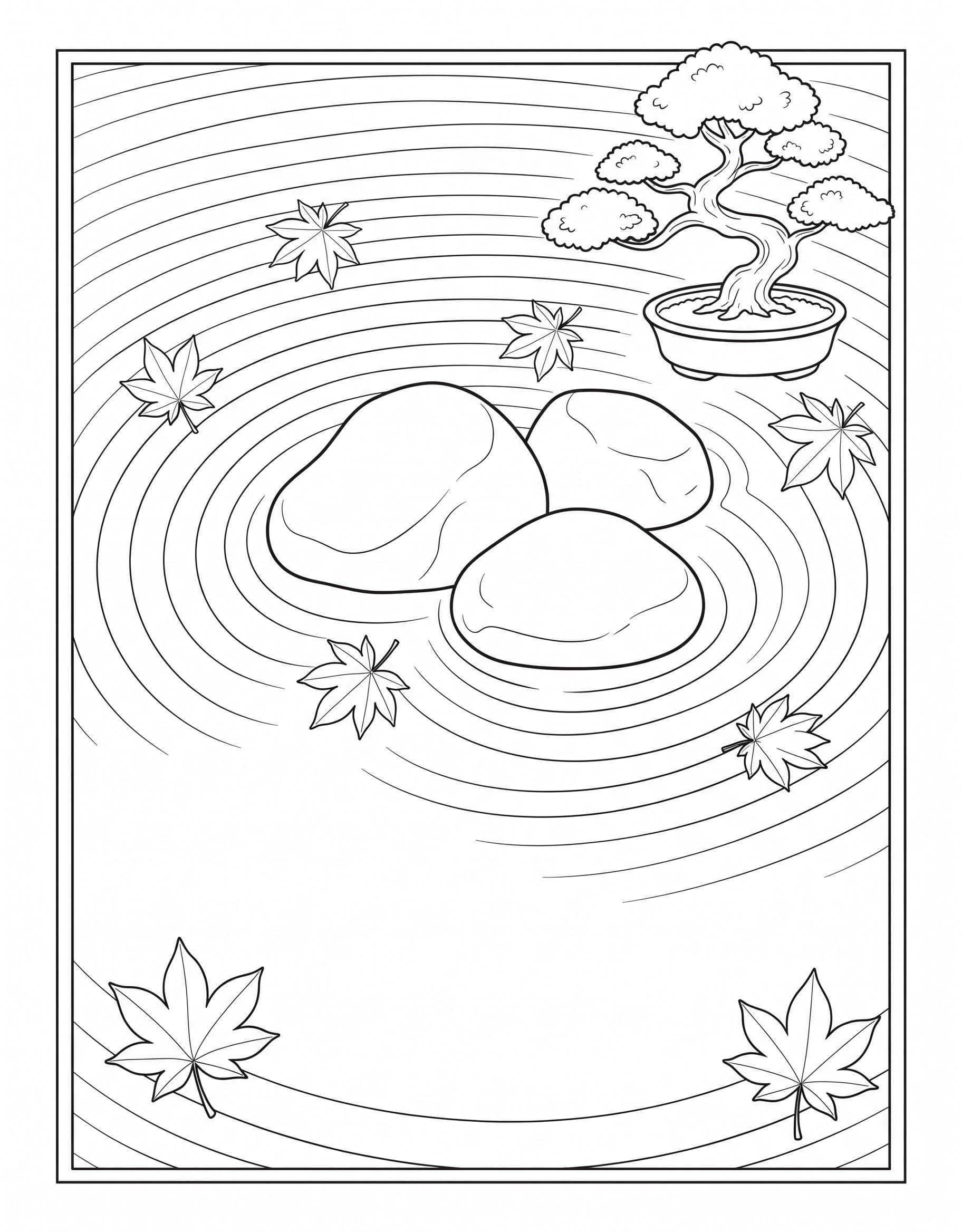 Zen garden with bonsai tree and stones coloring page