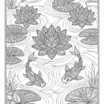 Koi pond with lotus flowers and lily pads coloring page for adults